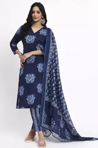 navy blue cotton straight kurta pant dupatta set