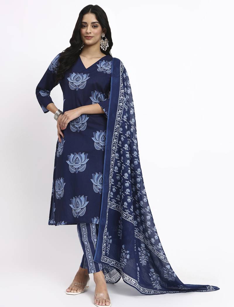 navy blue cotton straight kurta pant dupatta set