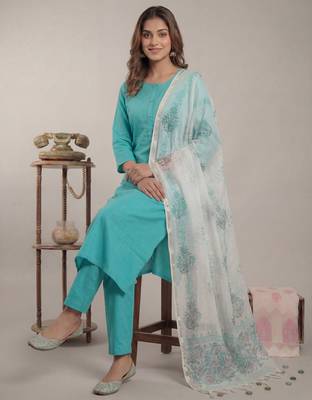 sky blue silk blend straight kurta pant with handblock print kota doriya dupatta set 1