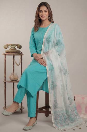 sky blue silk blend straight kurta pant with handblock print kota doriya dupatta set