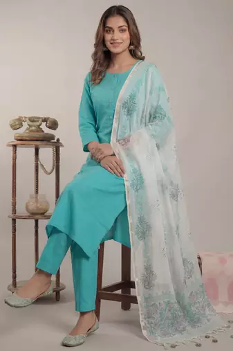 Yufta sky blue silk blend straight kurta pant with handblock print kota doriya dupatta set