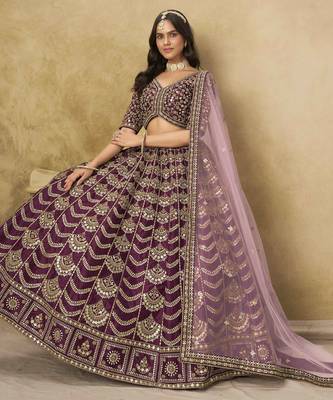 Wine Art Silk Heavy Thread Embroidery with Sequins Work Lehenga Choli 2