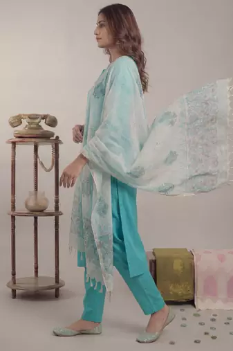 sky blue silk blend straight kurta pant with handblock print kota doriya dupatta set