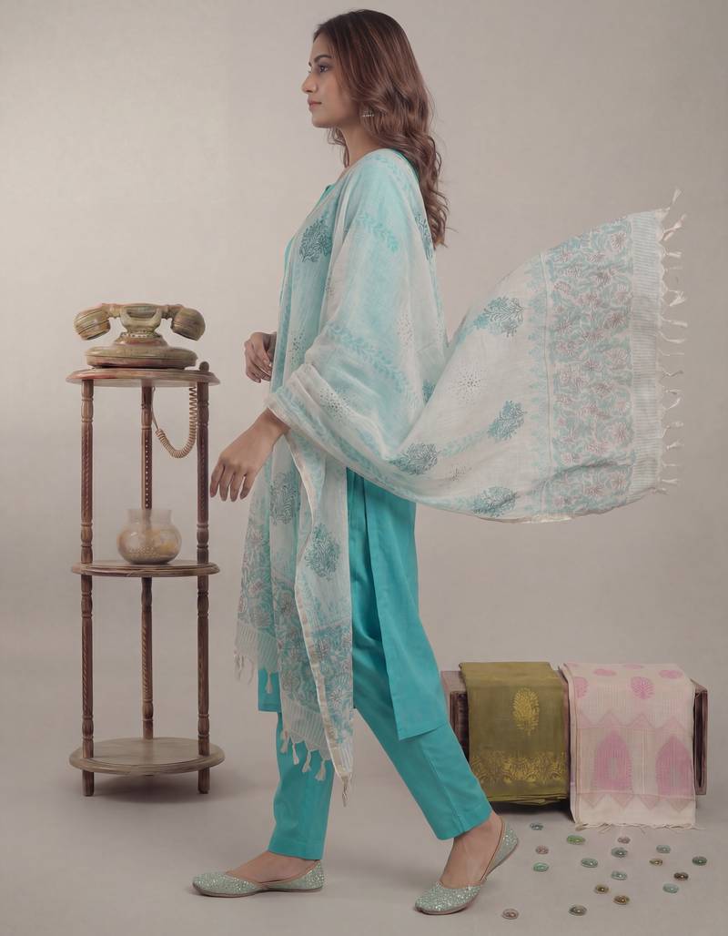 sky blue silk blend straight kurta pant with handblock print kota doriya dupatta set