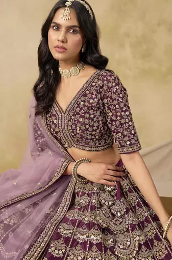 Wine Art Silk Heavy Thread Embroidery with Sequins Work Lehenga Choli