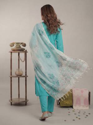 sky blue silk blend straight kurta pant with handblock print kota doriya dupatta set 3