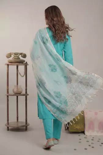 sky blue silk blend straight kurta pant with handblock print kota doriya dupatta set