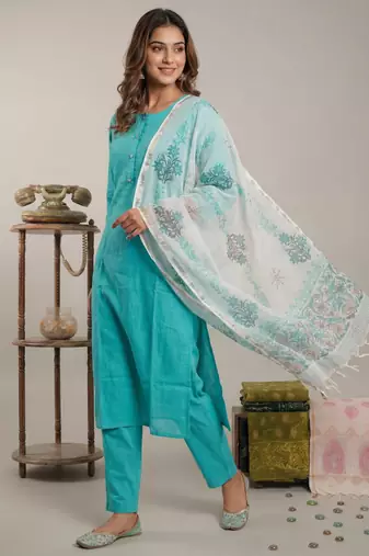 sky blue silk blend straight kurta pant with handblock print kota doriya dupatta set
