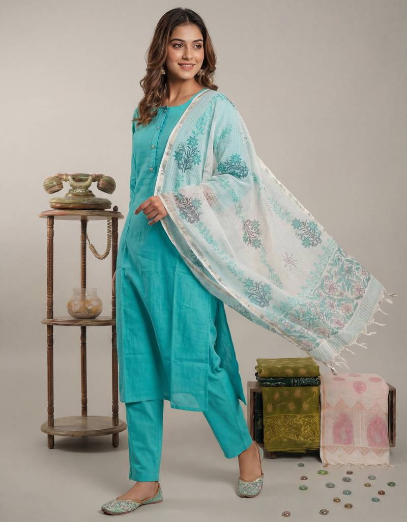 sky blue silk blend straight kurta pant with handblock print kota doriya dupatta set