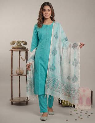 sky blue silk blend straight kurta pant with handblock print kota doriya dupatta set 5