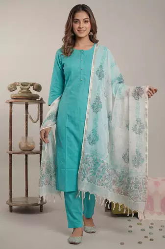 sky blue silk blend straight kurta pant with handblock print kota doriya dupatta set