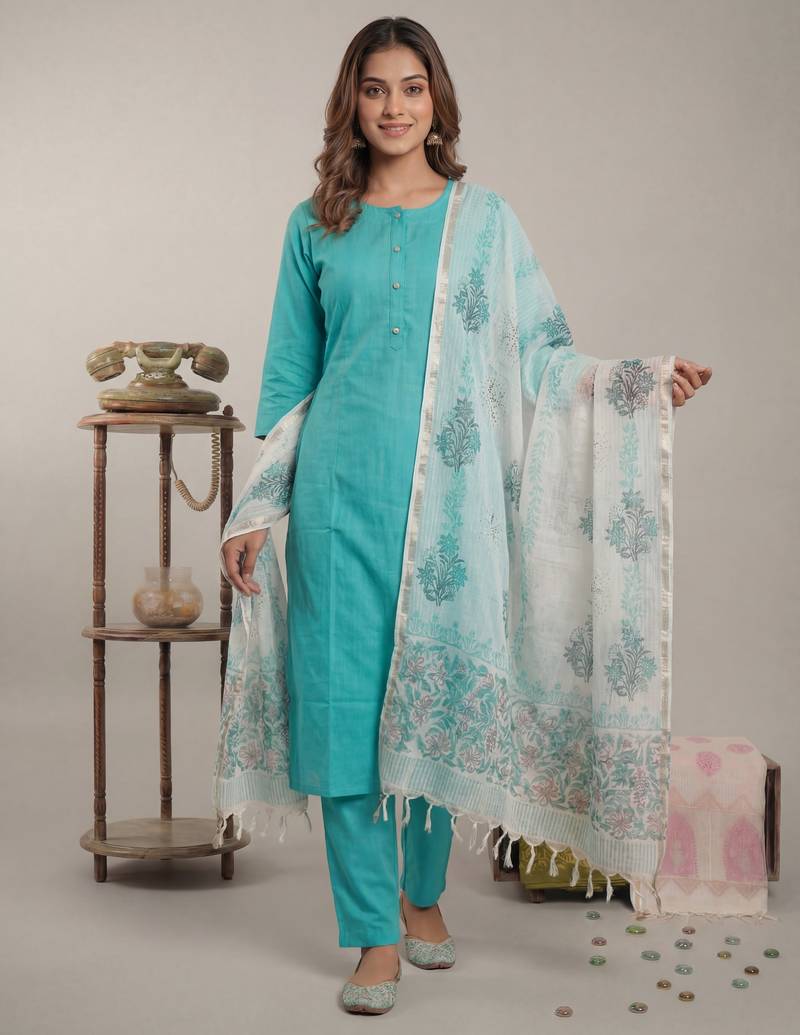 sky blue silk blend straight kurta pant with handblock print kota doriya dupatta set