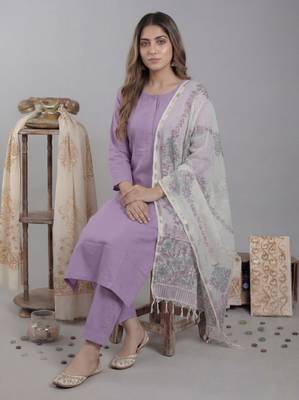 lavender silk blend straight kurta pant with handblock print kota doriya dupatta set 1