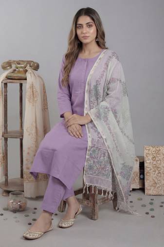 lavender silk blend straight kurta pant with handblock print kota doriya dupatta set