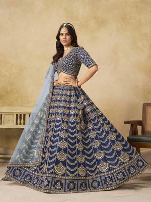 Navy Blue Art Silk Heavy Thread Embroidery with Sequins Work Lehenga Choli 1