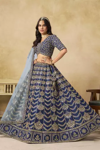 Navy Blue Art Silk Heavy Thread Embroidery with Sequins Work Lehenga Choli