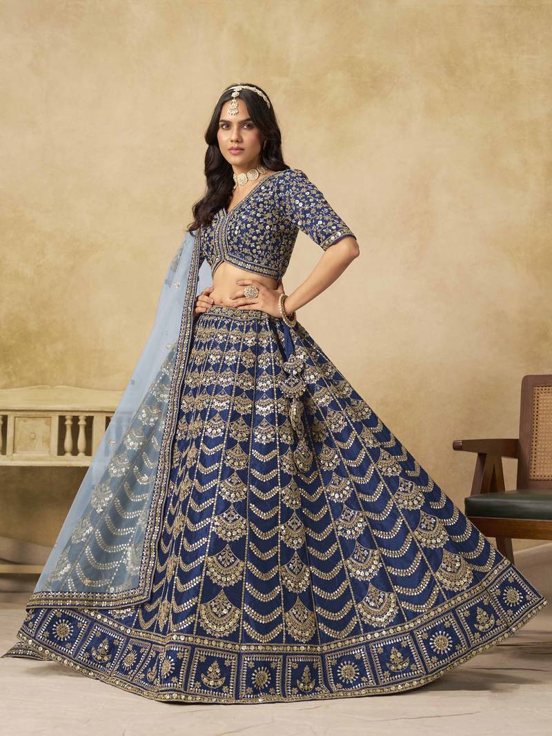 Navy Blue Art Silk Heavy Thread Embroidery with Sequins Work Lehenga Choli