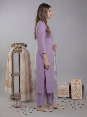lavender silk blend straight kurta pant with handblock print kota doriya dupatta set 2