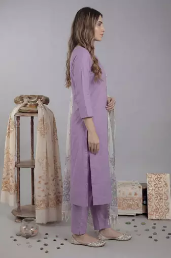 lavender silk blend straight kurta pant with handblock print kota doriya dupatta set