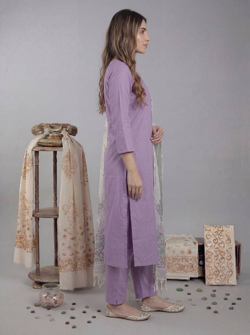 lavender silk blend straight kurta pant with handblock print kota doriya dupatta set