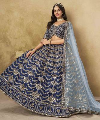 Navy Blue Art Silk Heavy Thread Embroidery with Sequins Work Lehenga Choli 2