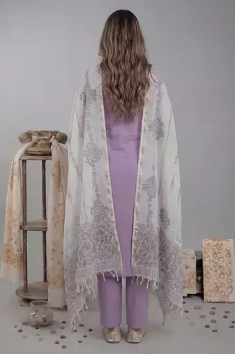 lavender silk blend straight kurta pant with handblock print kota doriya dupatta set