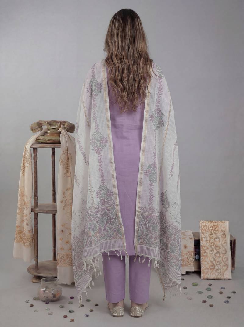 lavender silk blend straight kurta pant with handblock print kota doriya dupatta set