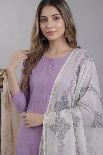 lavender silk blend straight kurta pant with handblock print kota doriya dupatta set