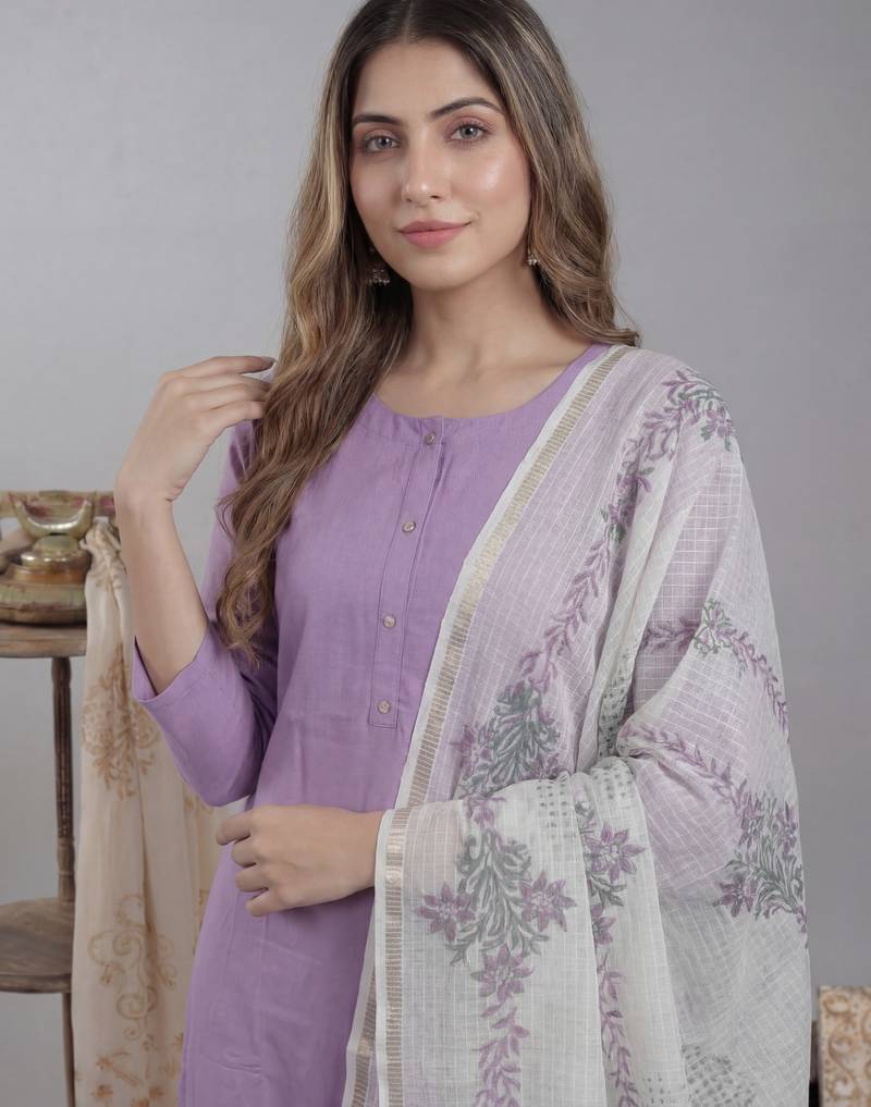 lavender silk blend straight kurta pant with handblock print kota doriya dupatta set