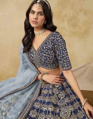 Navy Blue Art Silk Heavy Thread Embroidery with Sequins Work Lehenga Choli 3