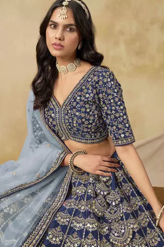 Navy Blue Art Silk Heavy Thread Embroidery with Sequins Work Lehenga Choli
