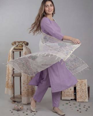 lavender silk blend straight kurta pant with handblock print kota doriya dupatta set 5