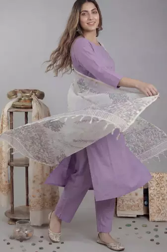 lavender silk blend straight kurta pant with handblock print kota doriya dupatta set