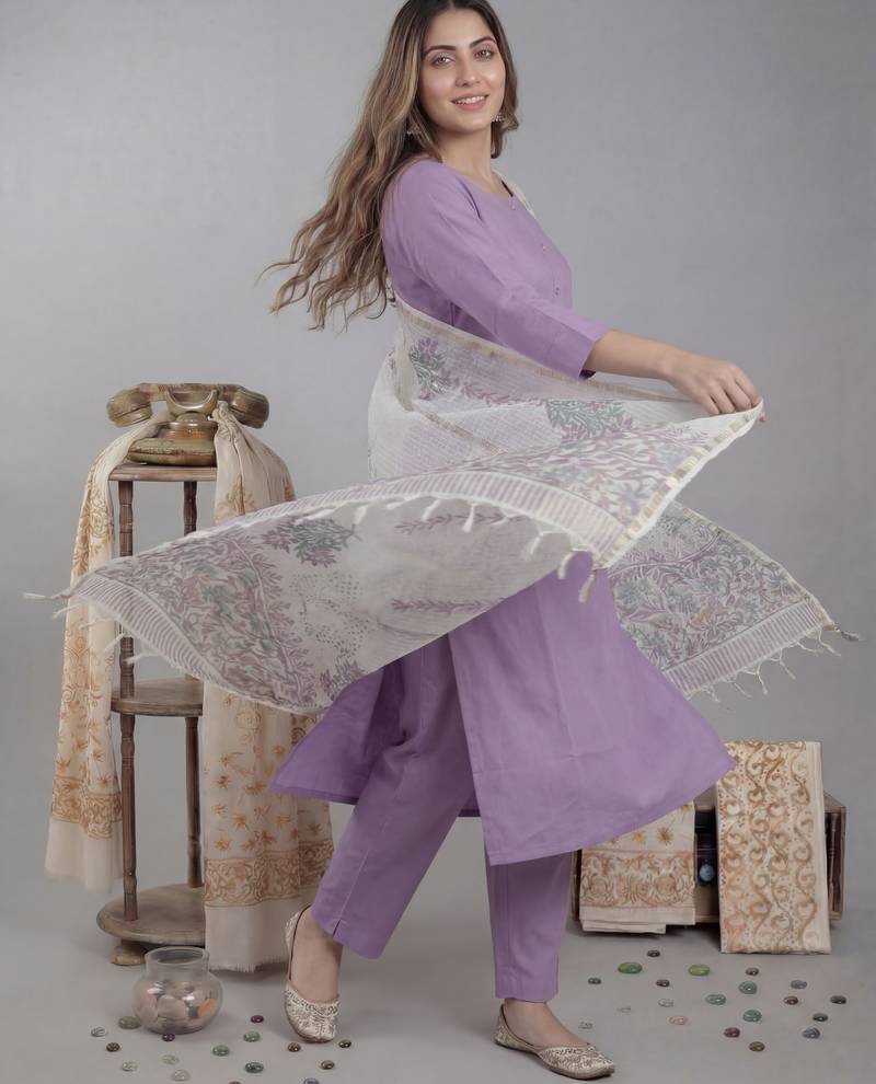 lavender silk blend straight kurta pant with handblock print kota doriya dupatta set