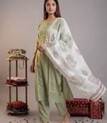 green silk blend straight kurta pant with handblock print kota doriya dupatta set