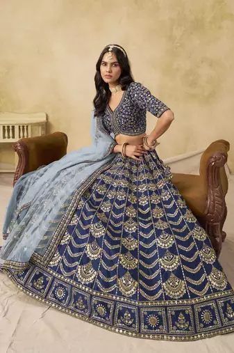 Navy Blue Art Silk Heavy Thread Embroidery with Sequins Work Lehenga Choli