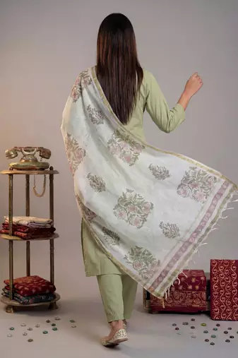 green silk blend straight kurta pant with handblock print kota doriya dupatta set