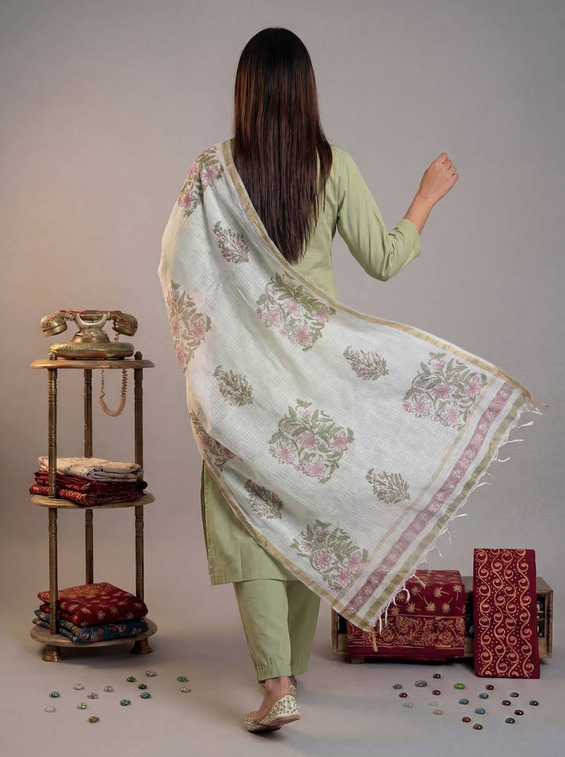 green silk blend straight kurta pant with handblock print kota doriya dupatta set