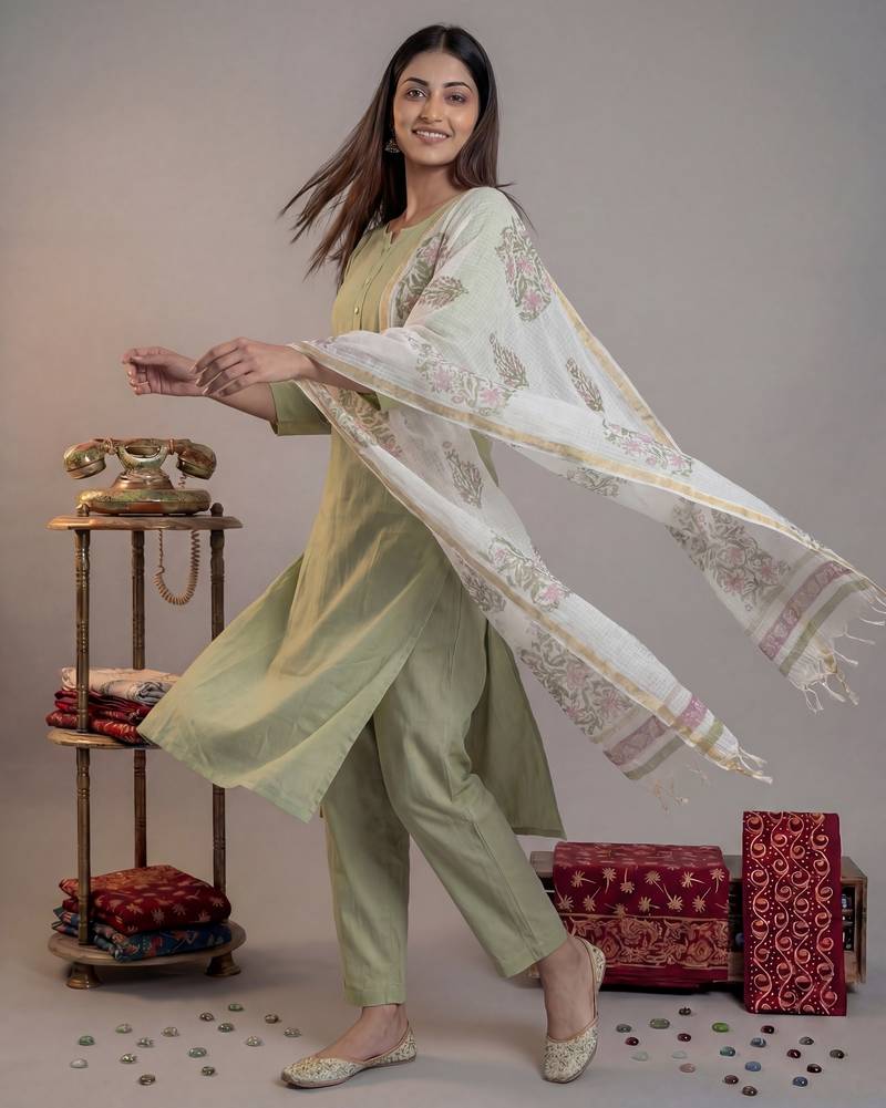 green silk blend straight kurta pant with handblock print kota doriya dupatta set
