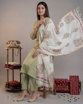 green silk blend straight kurta pant with handblock print kota doriya dupatta set 5