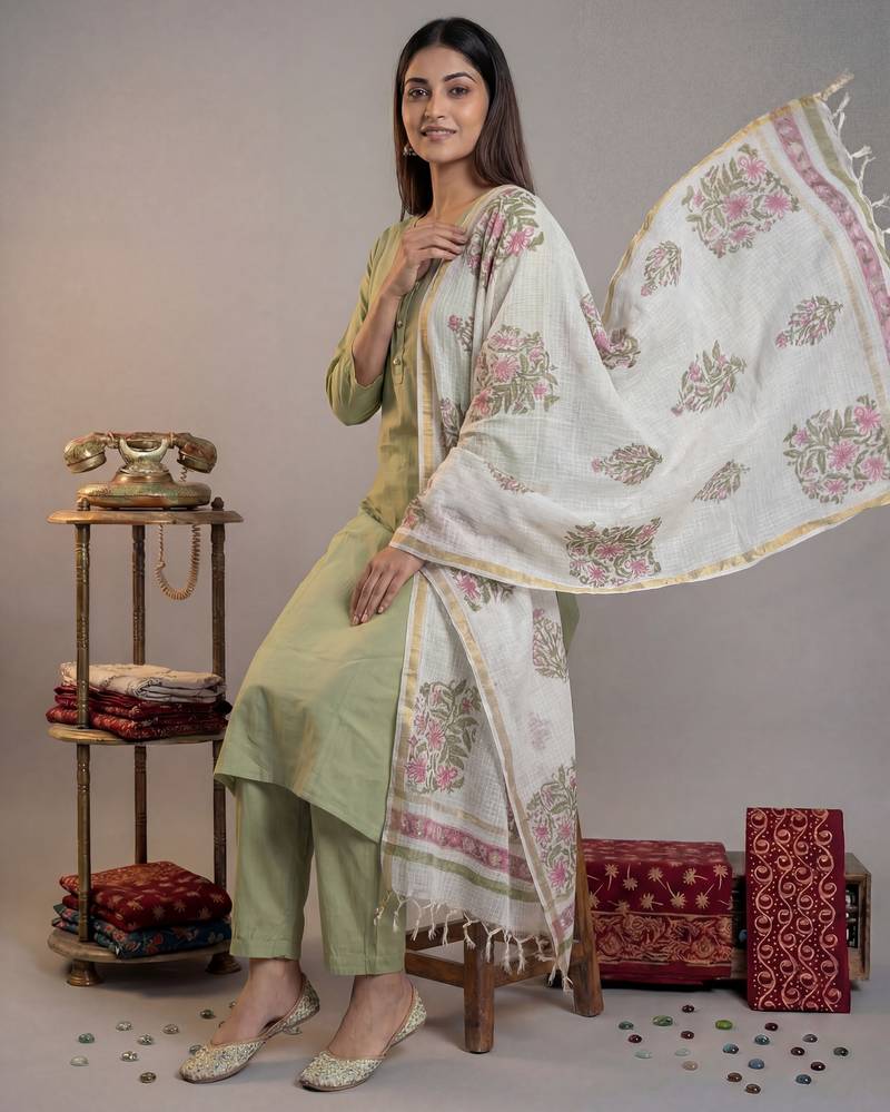 green silk blend straight kurta pant with handblock print kota doriya dupatta set
