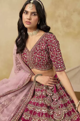 Rani Pink Art Silk Heavy Thread Embroidery with Sequins Work Lehenga Choli