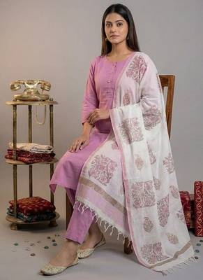mauve silk blend straight kurta pant with handblock print kota doriya dupatta set 1