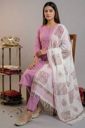 mauve silk blend straight kurta pant with handblock print kota doriya dupatta set