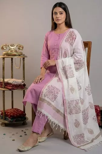 Yufta mauve silk blend straight kurta pant with handblock print kota doriya dupatta set