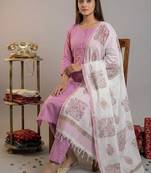 mauve silk blend straight kurta pant with handblock print kota doriya dupatta set