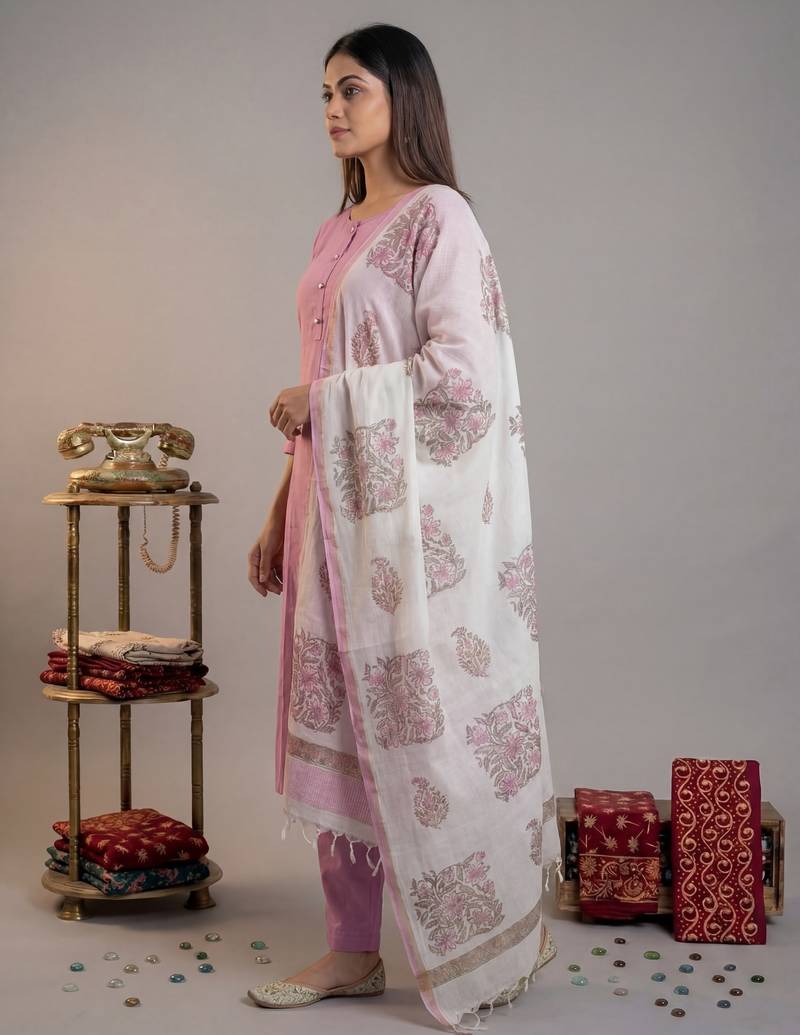 mauve silk blend straight kurta pant with handblock print kota doriya dupatta set