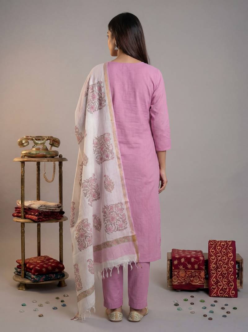 mauve silk blend straight kurta pant with handblock print kota doriya dupatta set
