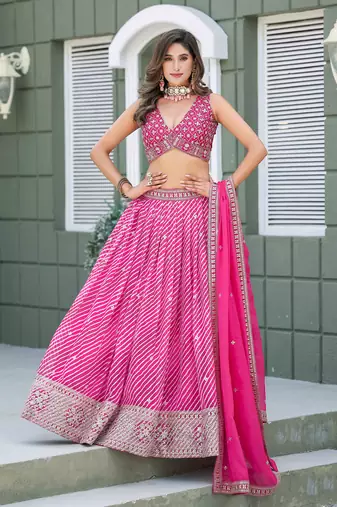 Rani Pink Tabby Silk Print With Heavy Thread Embroidery Sequins Work Lehenga Choli