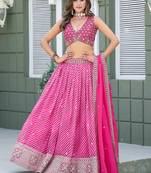 Rani Pink Tabby Silk Print With Heavy Thread Embroidery Sequins Work Lehenga Choli